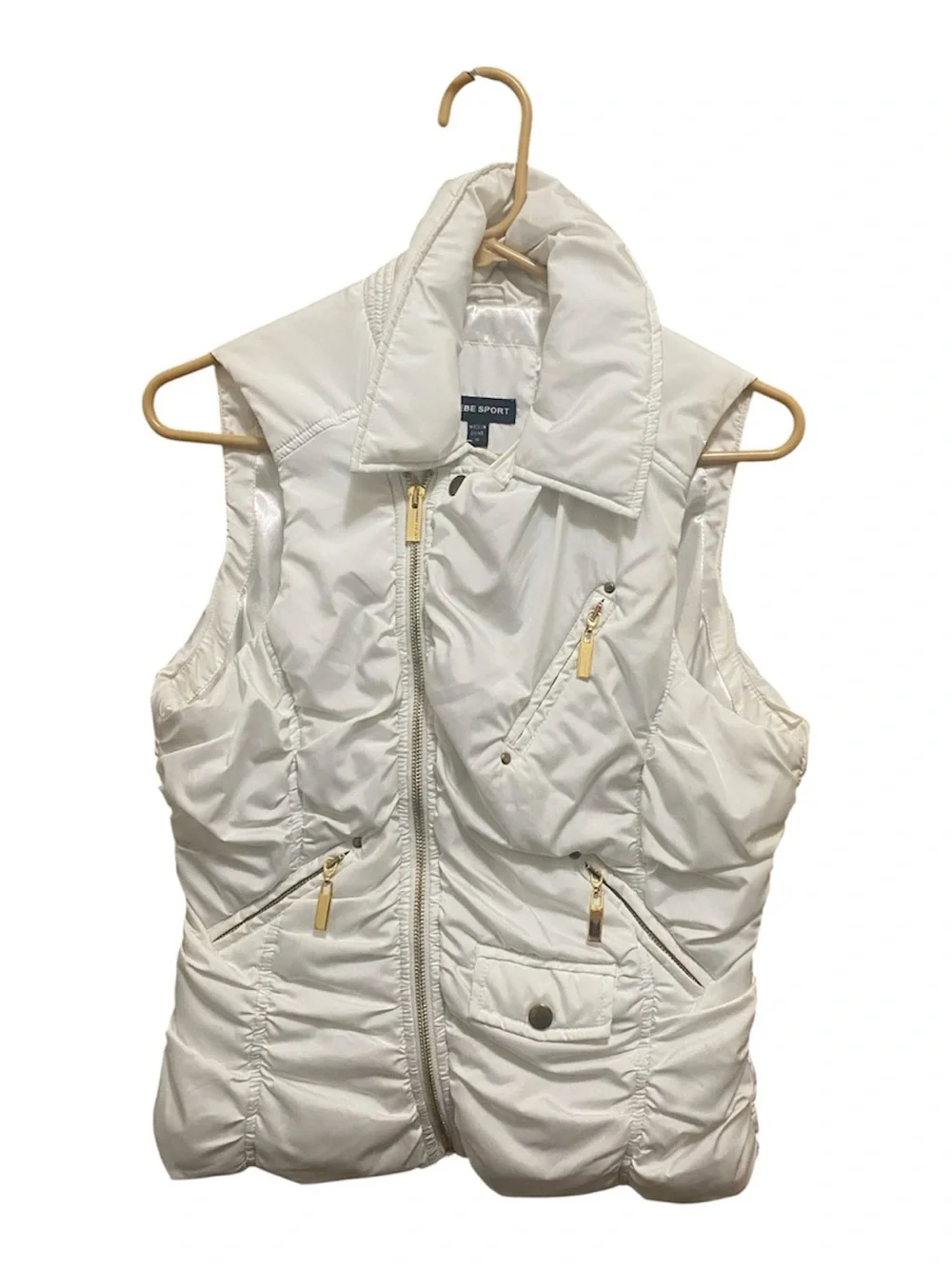 bebe White Quilted Sleeveless Puffer Vest with Gold Zippers